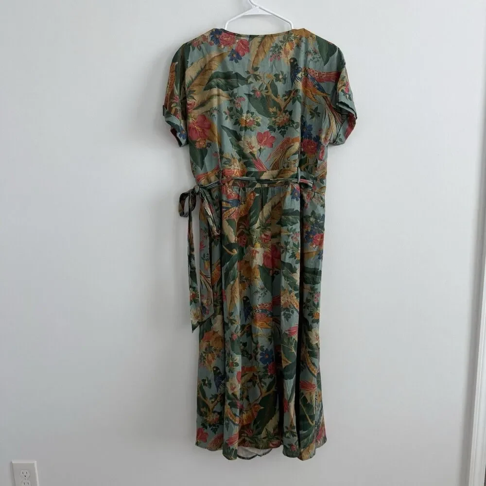 Sezane Tropical Floral Midi Wrap Dress Linen Hawaiian Birds Sz 40 (US 8) Classic - Picture 7 of 12
